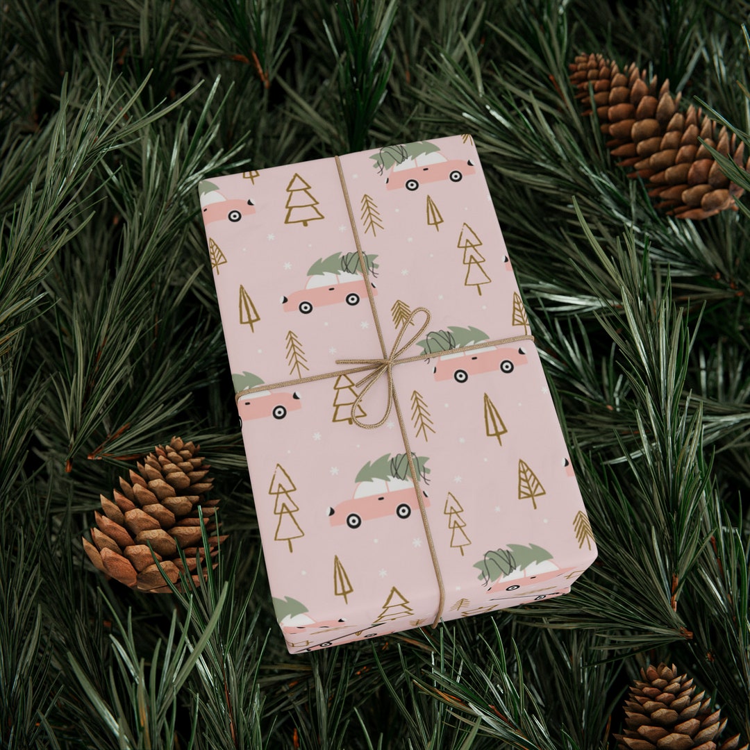 Pink Christmas Car Wrapping Paper Cars With Christmas Trees Gift Wrap