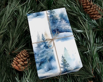 winter wonderland christmas wrapping paper blue snowy pine tree scene matte gloss gift wrap large size holiday birthday decor