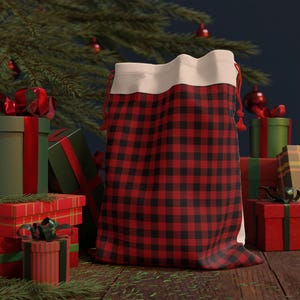 red plaid linen bag santa sack gift wrap reusable christmas storage eco friendly fabric holiday drawstring bag vintage rustic cottagecore