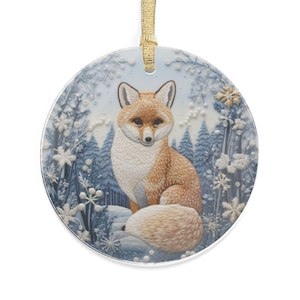 snowy fox acrylic ornament needlepoint style christmas box bundle glossy gold ribbon hanging winter animal decor housewarming birthday gift
