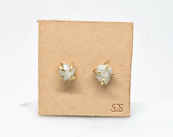 Raw Diamond Earrings-White Diamond Gold Earrings-14k Gold Raw Stone Earrings-Gold Raw Diamond Stud Earrings-April Birthstone Earrings