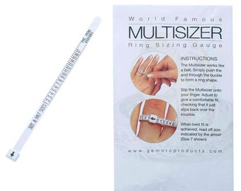 May include: A white plastic ring sizer with size markings and a ring sizing gauge instruction card. The ring sizer has a sliding mechanism to measure finger size. The card reads "World Famous Multisizer Ring Sizing Gauge."