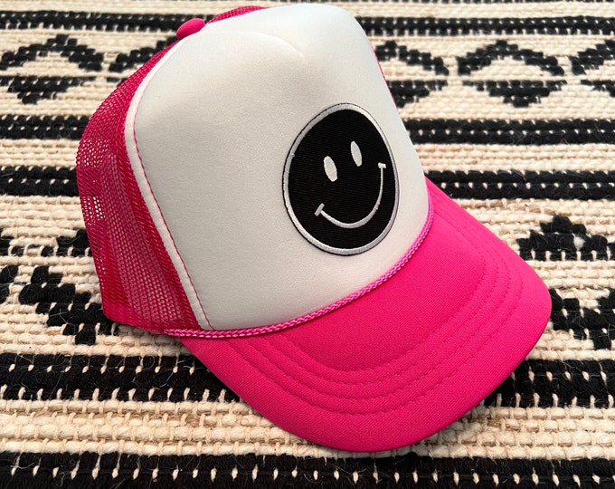 Youth Hot Pink And White Trucker Hat With Smiley Face Patch