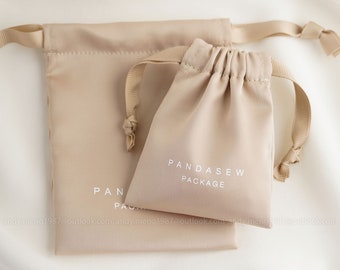 50pcs Dense silk satin drawstring bag custom jewelry package pouch with Logo printed personalized dust bag gift wrap wedding favor bag Khaki