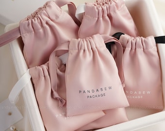 50pcs Personalized Dense silk satin drawstring bag custom jewelry package with Logo printed dust bags wedding favor bags cosmetics bags Pink
