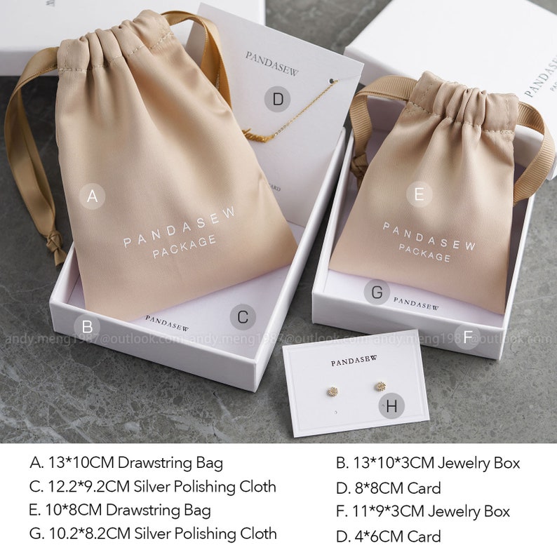 dense thick satin bags, paper cards, cleaning cloths for jewelry, pandasew packagge