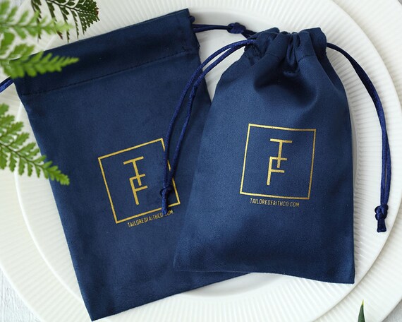 50 Personalized Logo Print Drawstring Bags Flannel Navy Blue