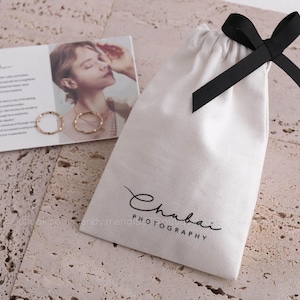 50 personalized jewelry packaging wedding favor bags small white Cotton canvas bags custom logo mini drawstring bag jewelry gift pouch image 3