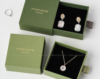 50pcs 8x8x3.5cm Green custom drawer box personalized logo for necklace earrings ring packaging