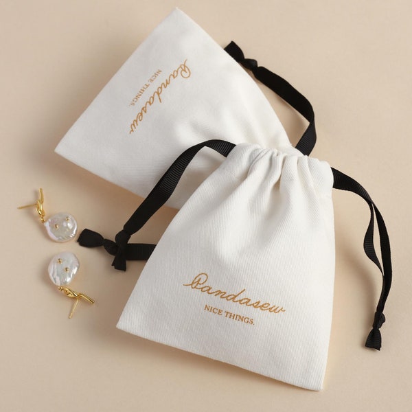 50pcs White Thick twill cotton pouch custom jewelry package pouch with Logo printed  personalized package bag for products