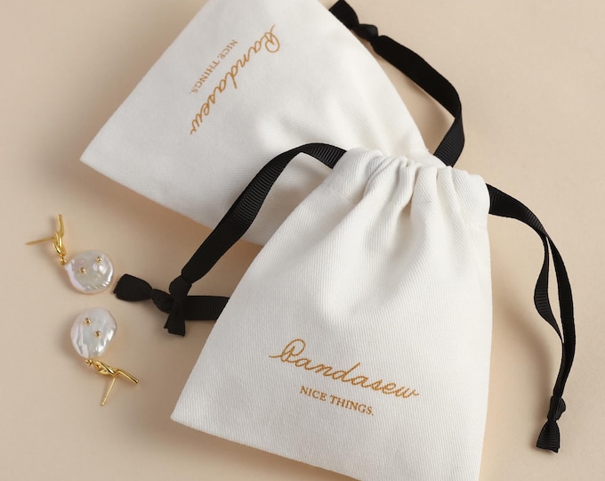 50pcs White Thick twill cotton pouch custom jewelry package pouch with Logo printed  personalized package bag for products