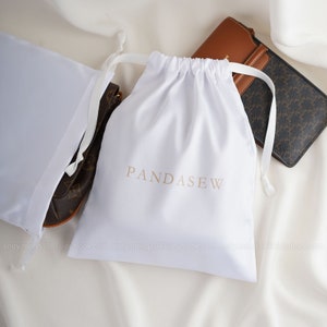 white dense thick satin, wallet pouch, custom dust bag