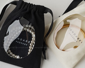 50pcs Jewelry Package Bag Personalized Logo printed Earring Transparent Packaging Necklace Bag Bracelet Pouch Herringbone Twill Cotton Pouch