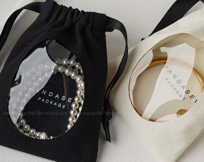 50pcs Jewelry Package Bag Personalized Logo printed Earring Transparent Packaging Necklace Bag Bracelet Pouch Herringbone Twill Cotton Pouch