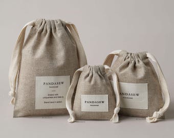100 Linen drawstring bags Custom Logo breathable Soap packaging, candle, wine, coffee bag branded printing on label natural gift pouch