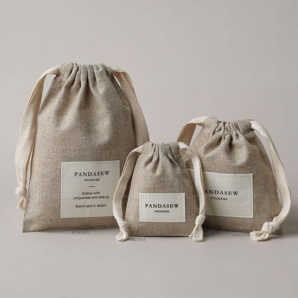 100 Custom Logo Linen Drawstring Bags with cotton canvas label: Jewelry, Gift Packaging