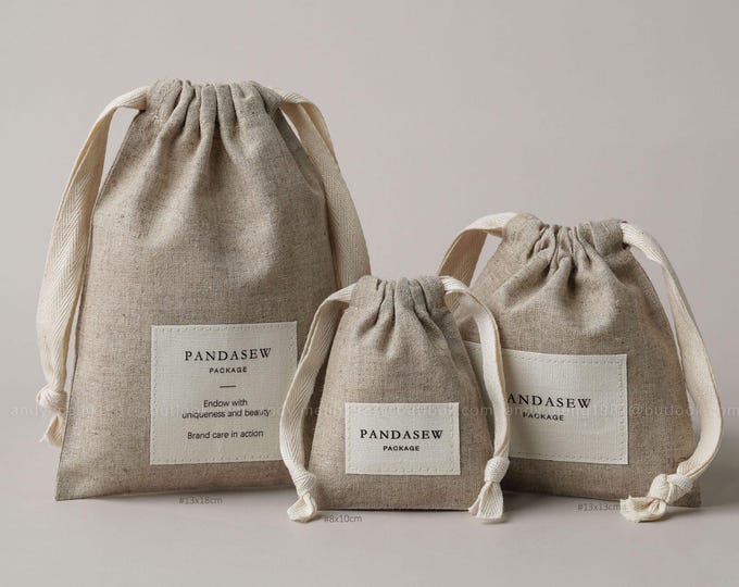 100 Linen drawstring bags Custom Logo breathable Soap packaging, candle, wine, coffee bag branded printing on label natural gift pouch