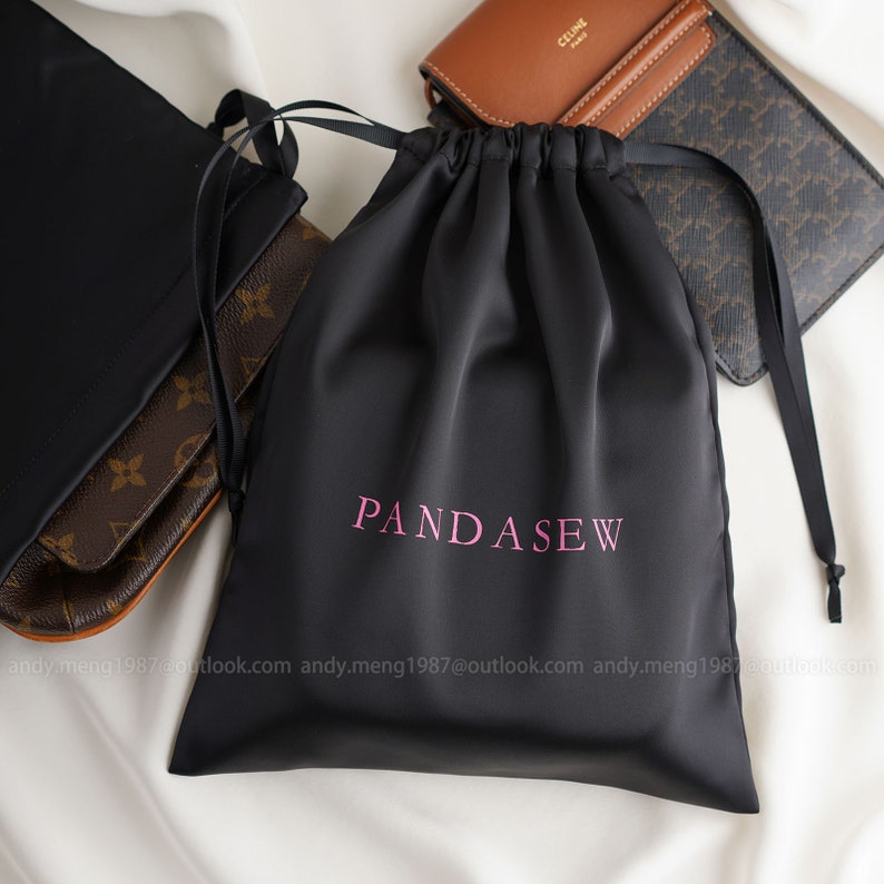 luxury dense thick satin bag in black color with nice pink printing logo, smooth satin drawstring