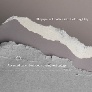 May include: A close-up of torn paper samples in shades of gray and white. The top layer is white with the text "Old paper is Double-Sided Coloring Only." The bottom layer is gray with the text "Adcanced paper: Full-body dyeing technology."