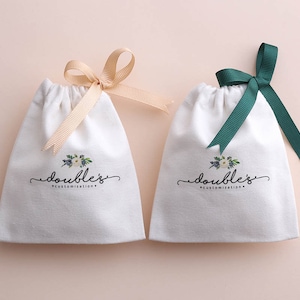 50 personalized jewelry packaging wedding favor bags small white Cotton canvas bags custom logo mini drawstring bag jewelry gift pouch image 8