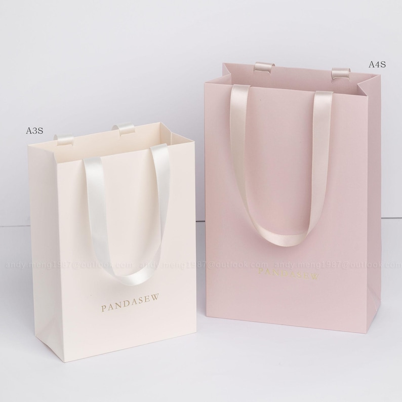 ivory and dark pink paper bag vertical style, personalized jewelry packaging