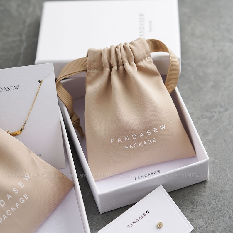 personalized khaki dense thick satin jewelry bag with white paper box set