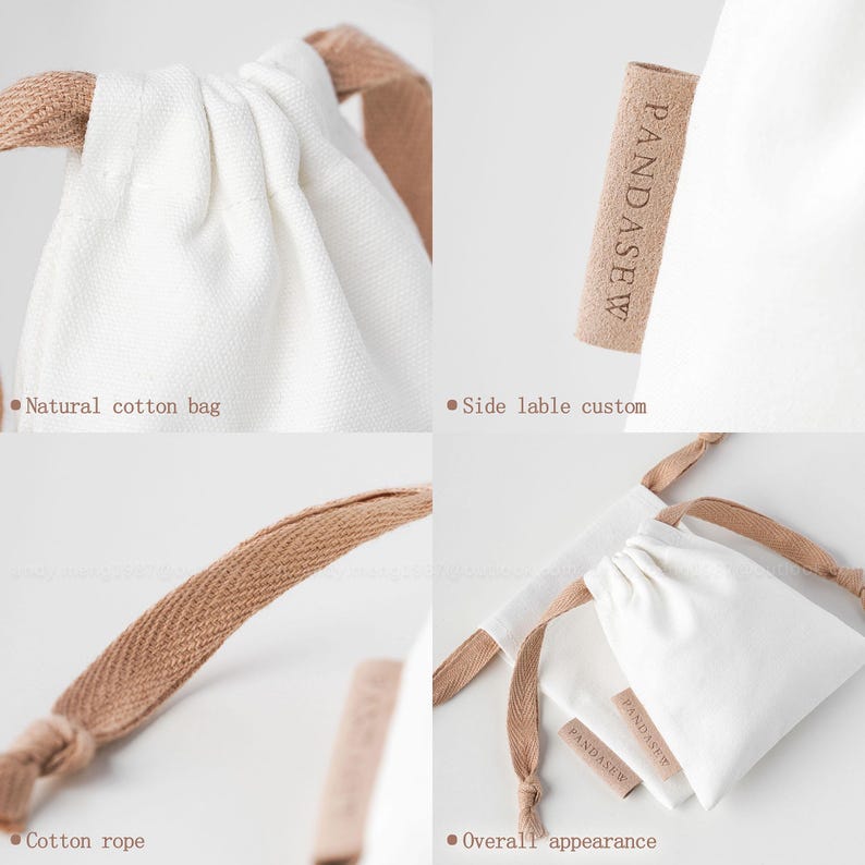 white canvas drawstring bag with label