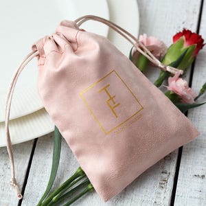 50 personalized logo print drawstring bags custom jewelry packaging bags pouches chic wedding favor bags pink flannel cosmetic bags image 1