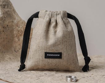 100 Custom Logo Linen Drawstring Bags with black label: Jewelry, skincare Packaging