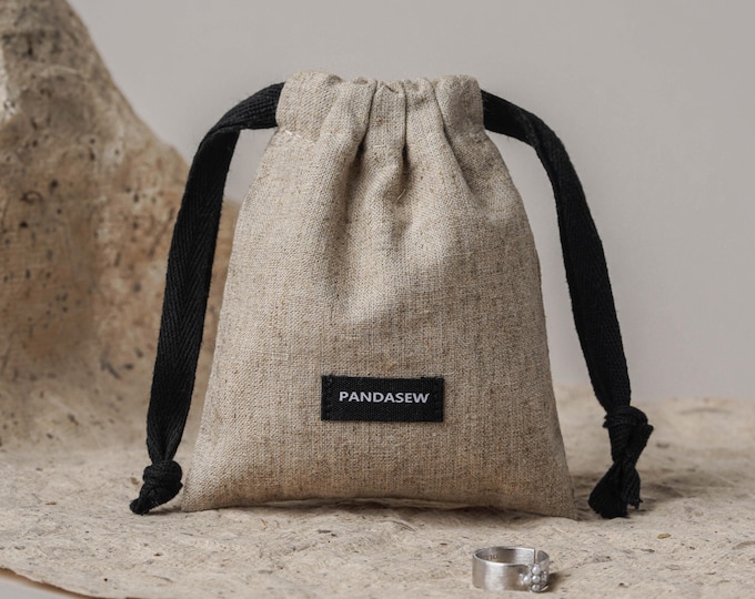 100 Custom Logo Linen Drawstring Bags with black label: Jewelry, skincare Packaging