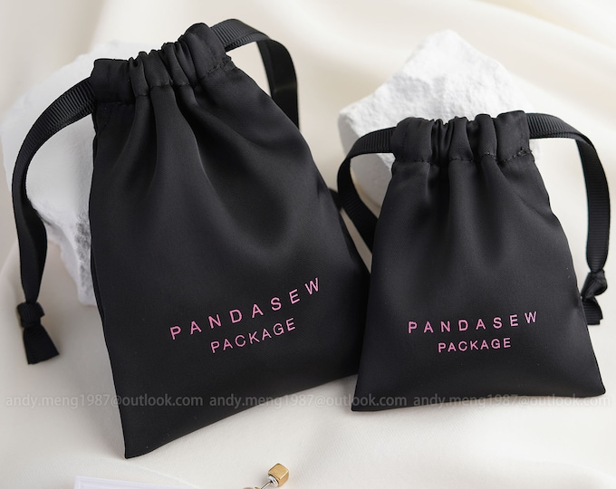 50pcs Dense Silk Satin Custom Jewelry Drawstring Bags Gift Bags Wedding Favor Bags Dust Bags pouch with Logo printed  personalized Black