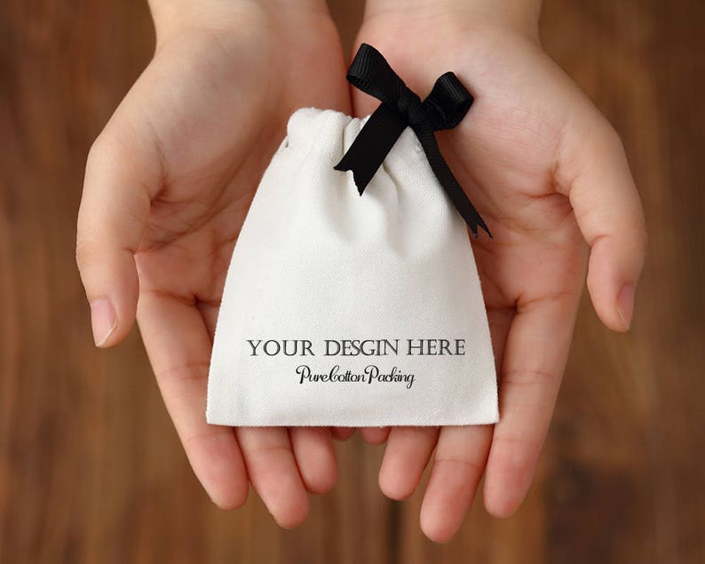 50 personalized jewelry packaging wedding favor bags small white Cotton canvas bags custom logo mini drawstring bag jewelry gift pouch image 1