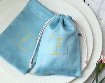 50 Personalized Logo Flannel Drawstring Bags: Blue Jewelry Pouches