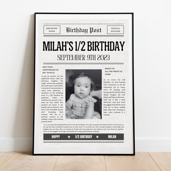 Half Birthday Gift Newspaper, half year old Boy or Girl, half way to one Personalized Birthday Gift