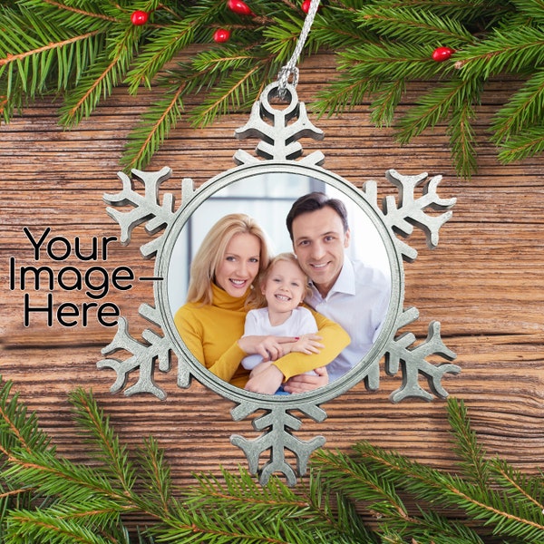 Family Custom-Photo Pewter Snowflake Ornament, Merry Christmas, Birthday, Memories, Anniversary, Loss of a loved one + Free Gift Box