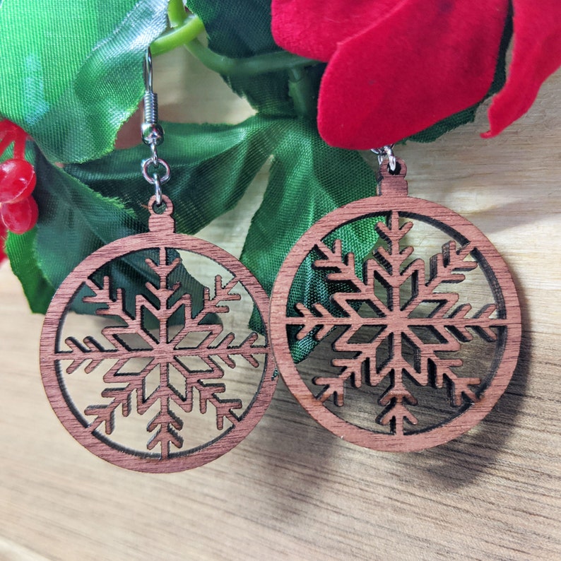 Rustic Wood Dangling Earrings Ornament Snowflake image 1