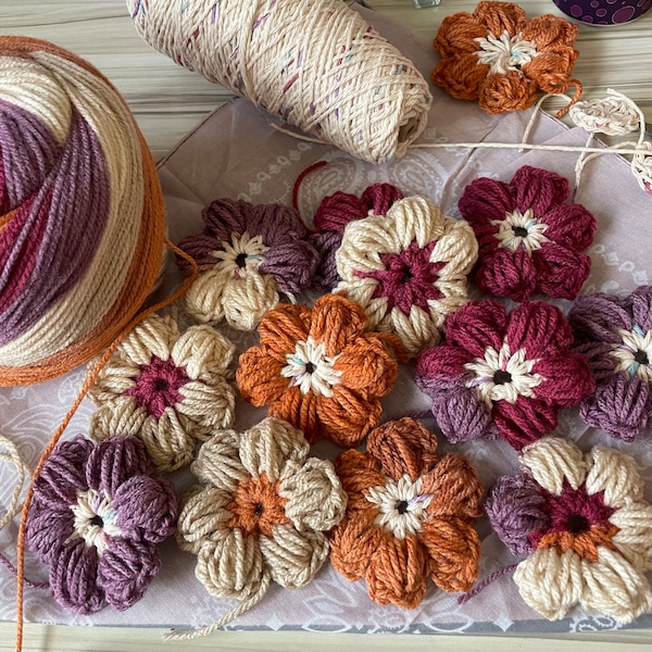 Puff crochet flowers for craft, bundle for DIY flower bags and purses