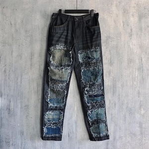 Heavy washed destroyed Boro patched denim pants