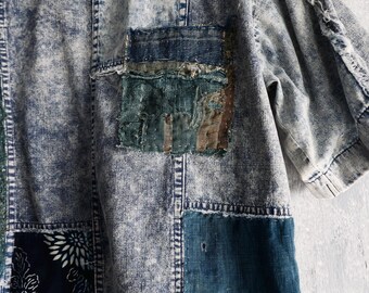 ❁無言取引可❁様＊Jiji＊Handmadeオーダー SOLD - Washed Denim Tee Hand Stitched With Boro Handcrafted - Etsy