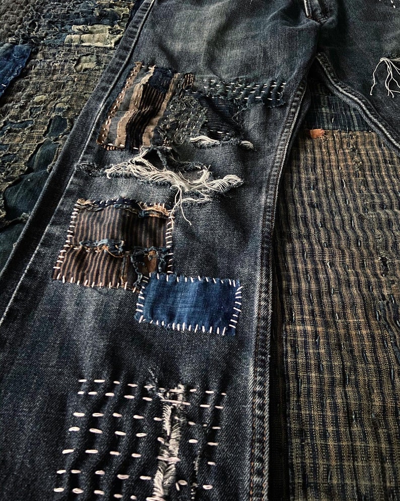 Boro Denim Jeans All by Hand Stitching Etsy