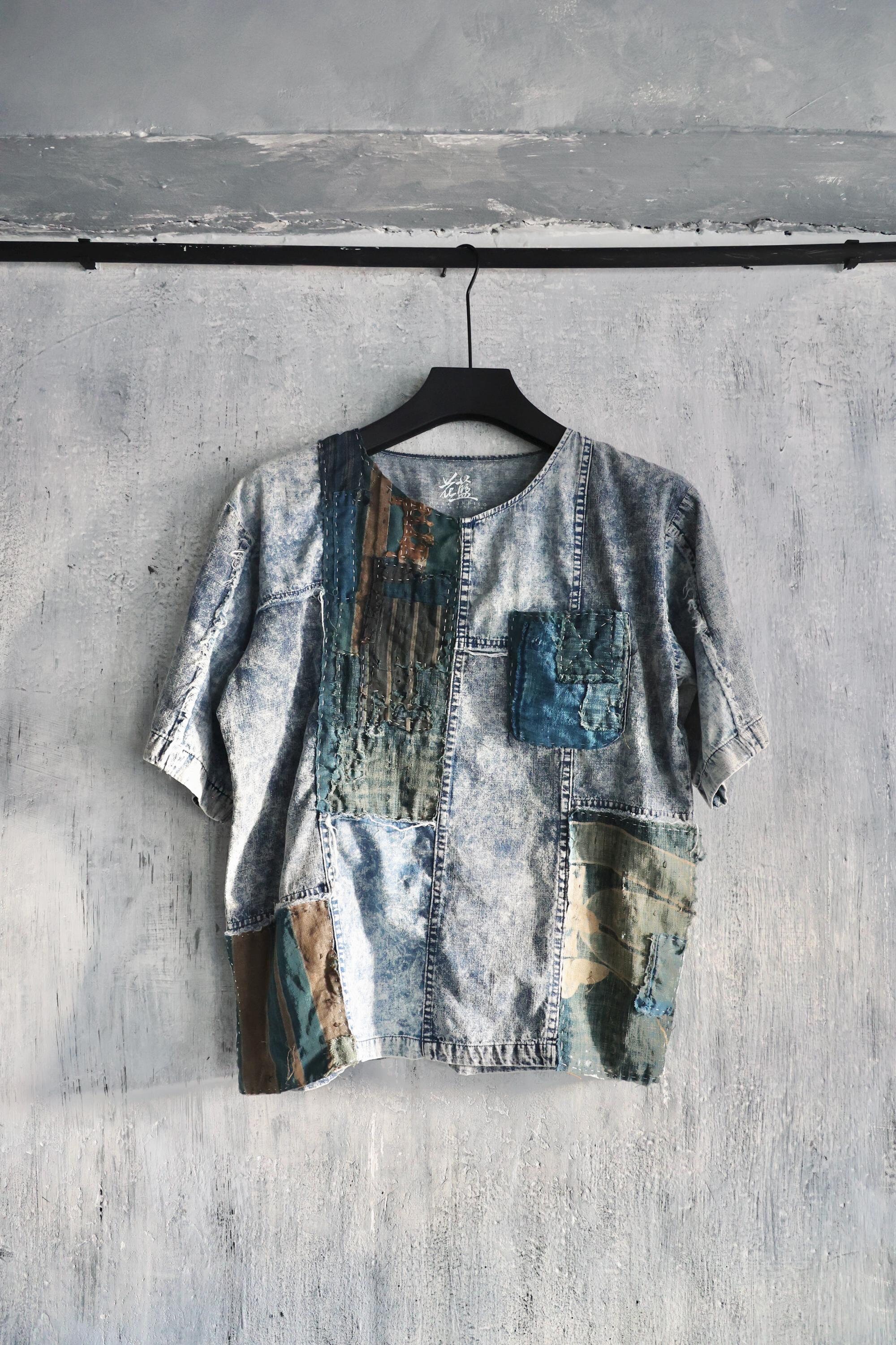 SOLD - Washed denim tee hand stitched with Boro handcrafted