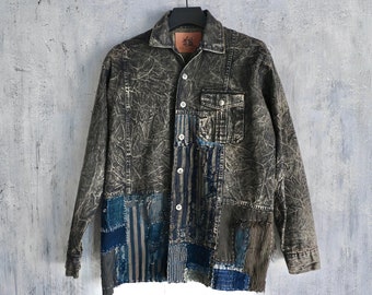 SOLD - new denim collection -  stoned washed denim shirt hand stitched with Boro japanese antique fabrics