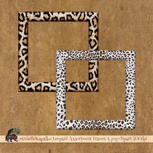 May include: Four leopard print frames in different patterns and colors. The frames are arranged in a square shape, with the top frame overlapping the bottom frame. The frames are on a brown background.