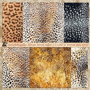 以下が含まれることがあります： 茶色、金色、黒、白の様々な色合いの12種類のヒョウ柄パターンを特徴とするデジタルペーパーパック。パックのタイトルは「African Animal Safari #2. Gold 12 Texture Pack 12x12」