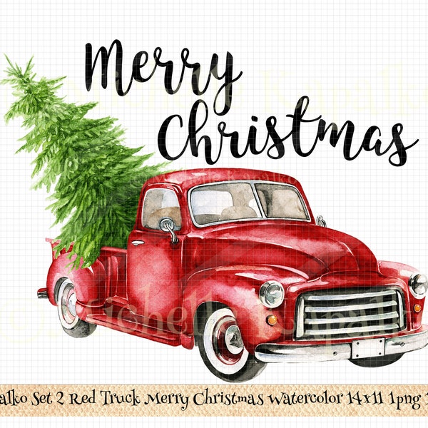 Download Vintage Red Truck Merry Christmas Sublimation Design Graphic Digital Paper Clipart png Crafting Card Label Boho T-Shirt Transfer