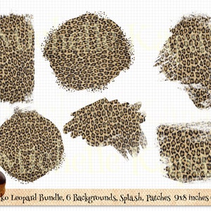 May include: Six digital leopard print backgrounds in various shapes, including a square, circle, and abstract shapes. The backgrounds are in shades of brown and beige with black spots.
