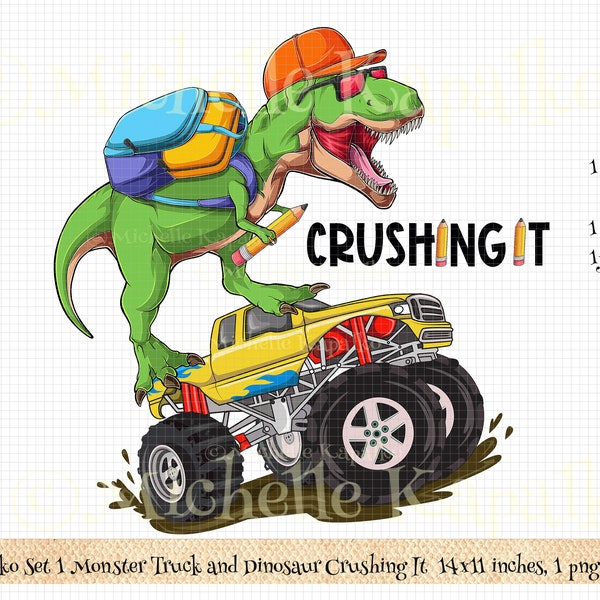 Télécharger Dinosaure Monster Truck écraser le design enfant Sublimation Design numérique papier Clipart png bricolage carte Boho T-Shirt transfert 411