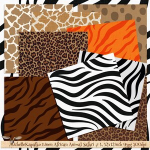 May include: A set of 9 digital paper patterns featuring various animal prints, including zebra, leopard, giraffe, and tiger. The patterns are in shades of brown, black, white, orange, and beige. The papers are 12x12 inches and 300 dpi.