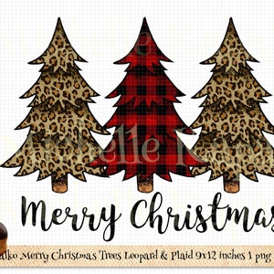 May include: Three Christmas trees, one red and black plaid, and two with a leopard print, with the text "Merry Christmas" below.