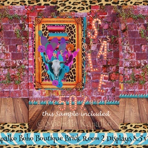 May include: A digital backdrop featuring a brick wall with a wooden floor and a framed image of a skull with cacti and a leopard print background. The text "SALE 50%" is displayed in a vintage marquee style. This sample is included. MichelleKapalko Boho Boutique Brick Room 2 Displays 8.5x11" 300dpi